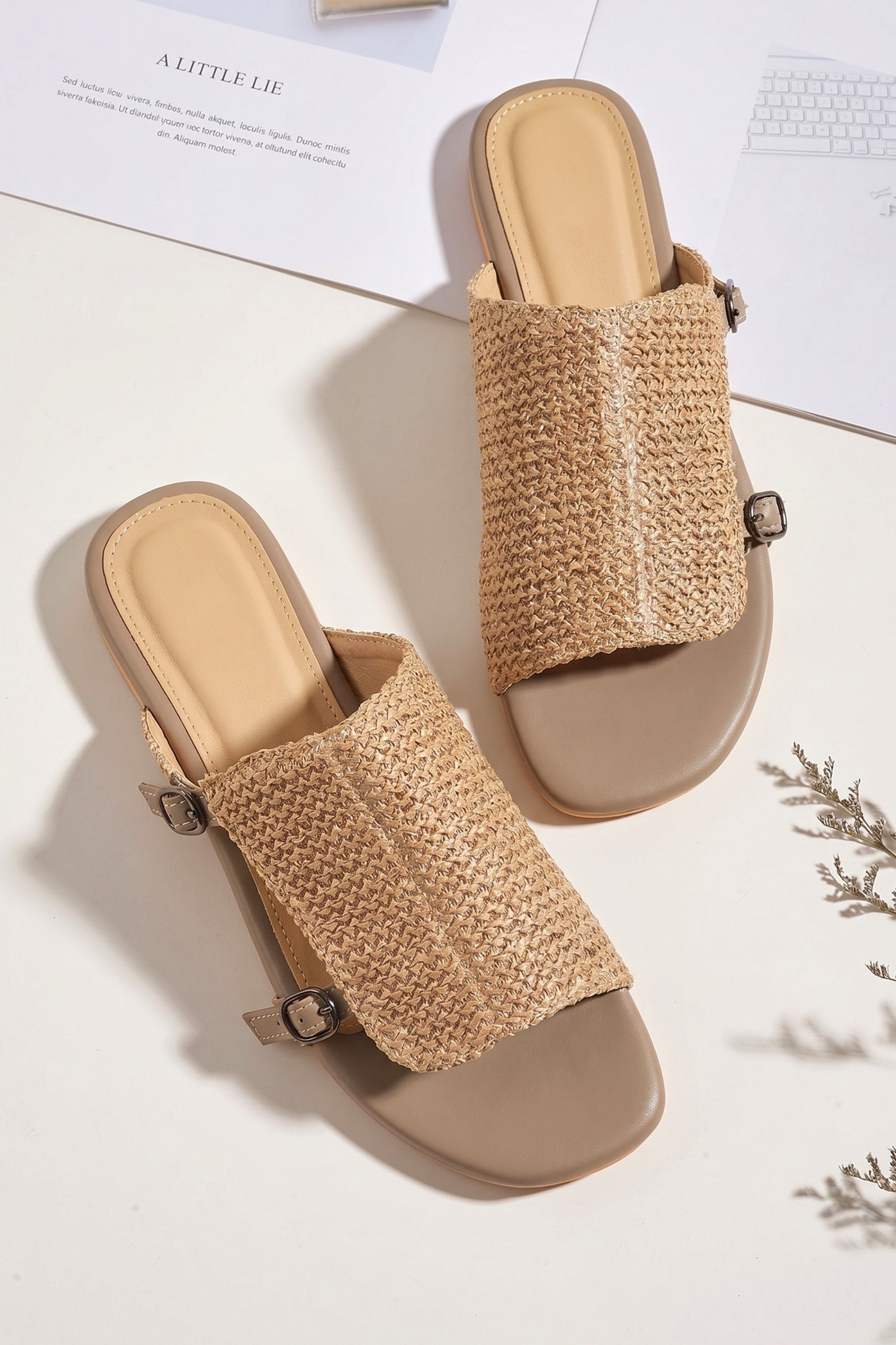 Jute Buckle Slide Mules - Brown