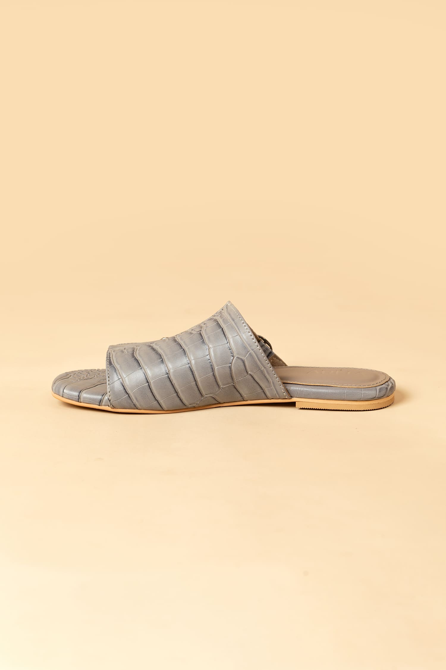 Croco Textured Slide Mules - Grey