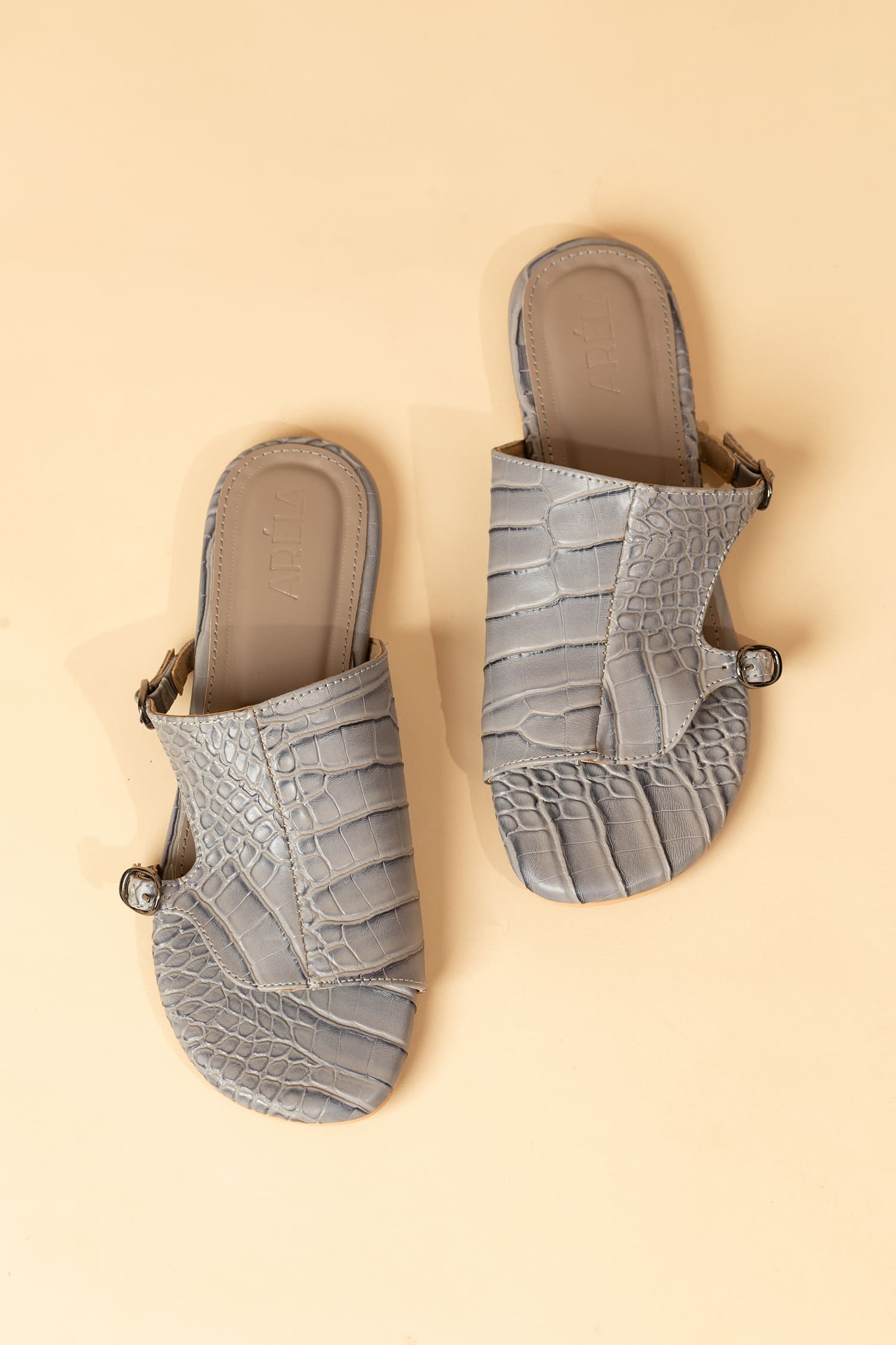 Croco Textured Slide Mules - Grey