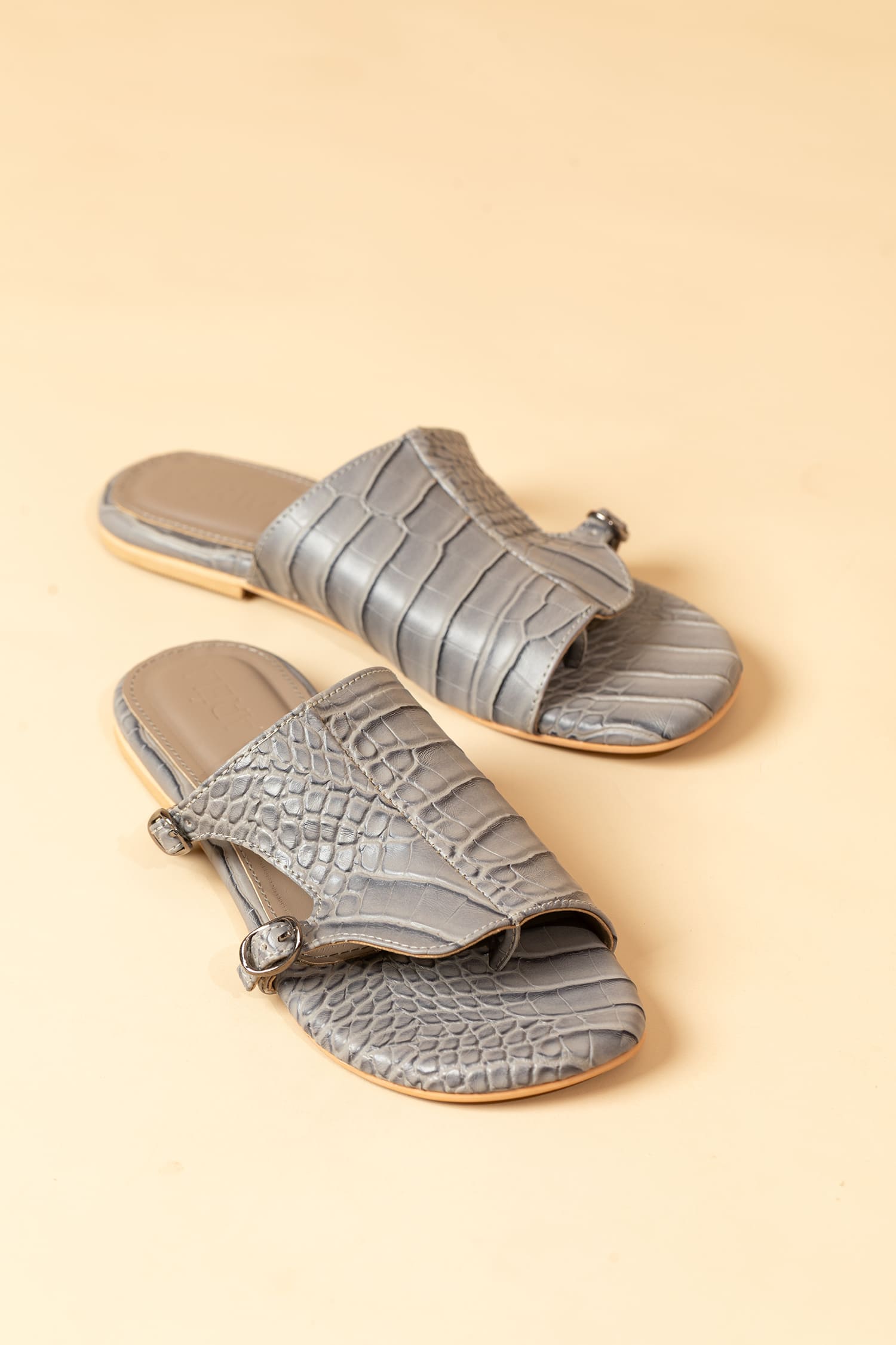Croco Textured Slide Mules - Grey