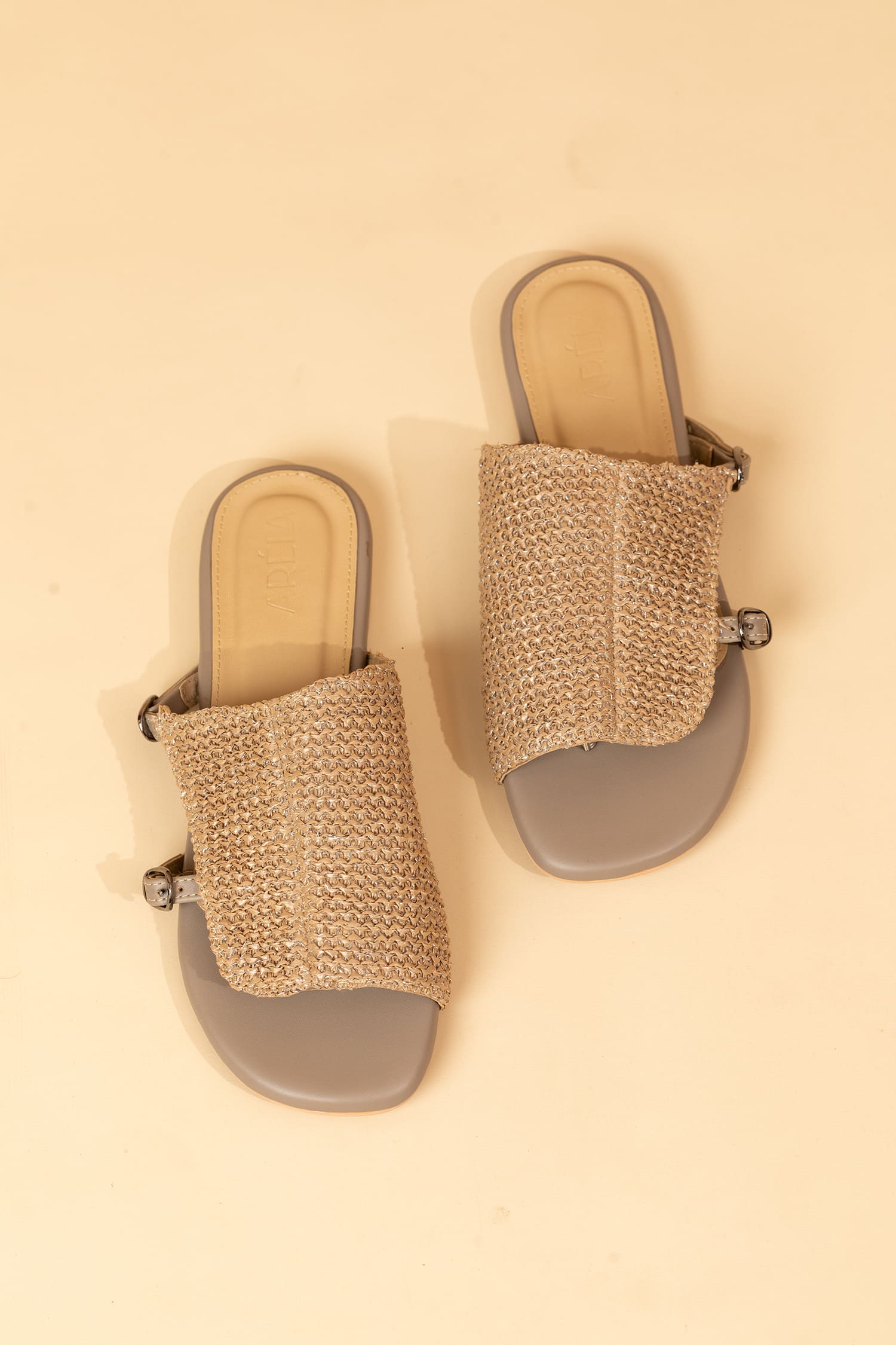 Jute Buckle Slide Mules - Brown