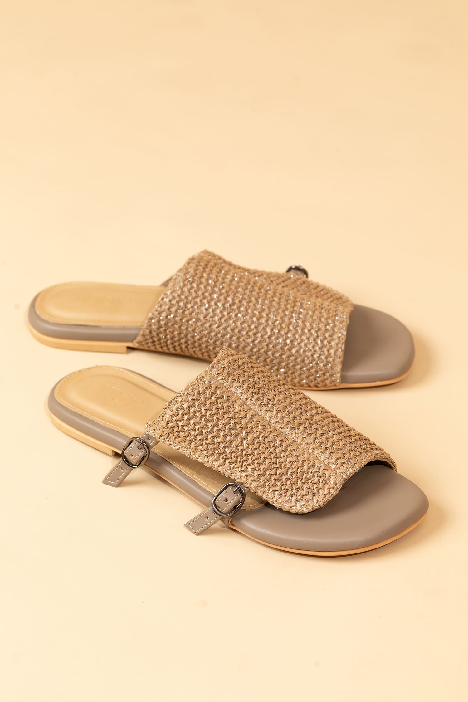 Jute Buckle Slide Mules - Brown
